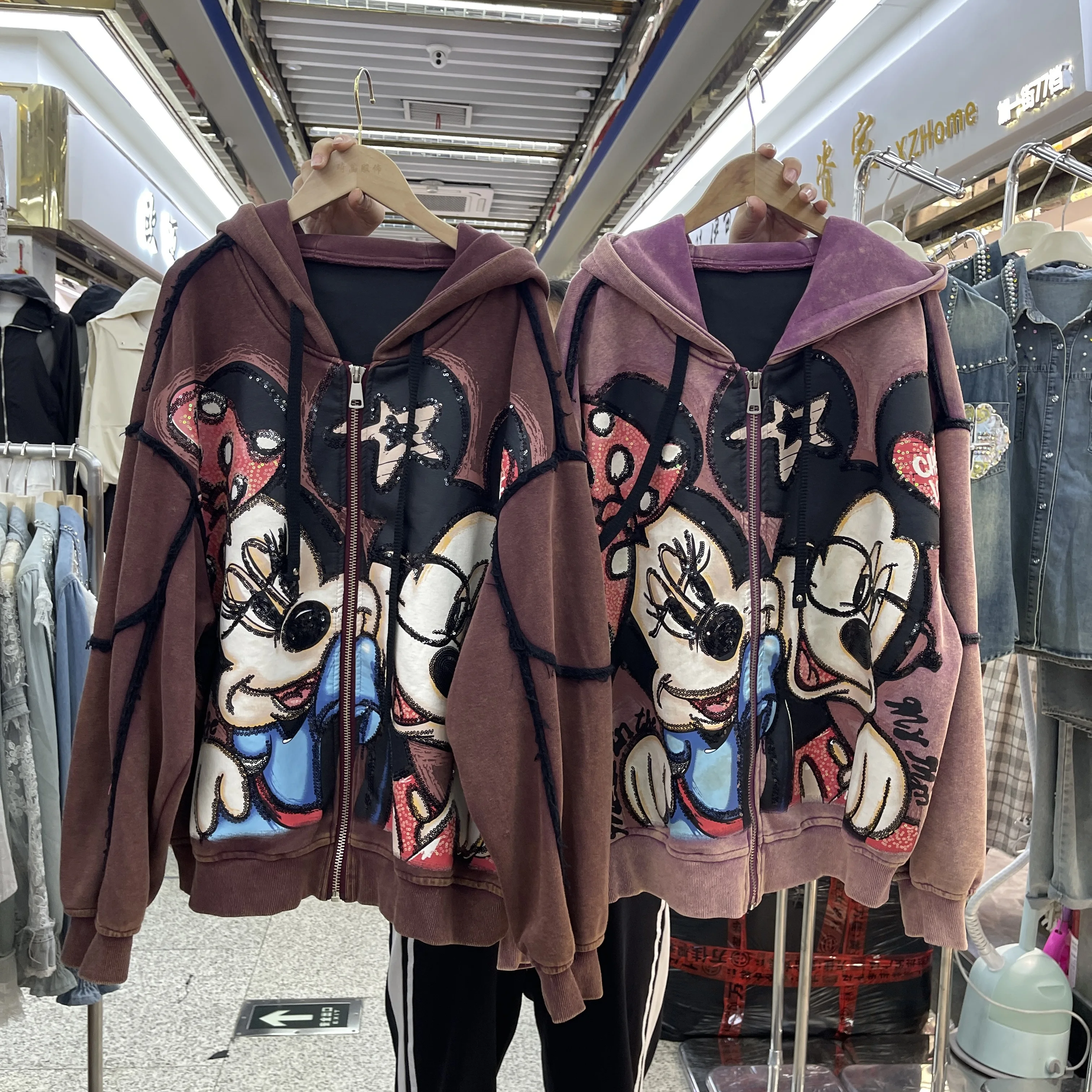 

Trendy New Autumn Loose Zip Cardigans Top Cute Sequins Mickey Printed Hooded Jacket Long Sleeve All-match Women Hoodie Coats