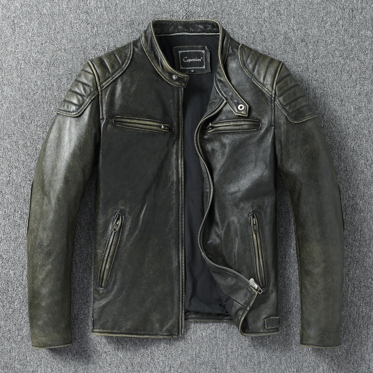 

Retro Olive een Genuine Leather Jaet Men's Waed Motorcycle Vest Outerwear Youth Leisure Sle Long Sve ort Coat