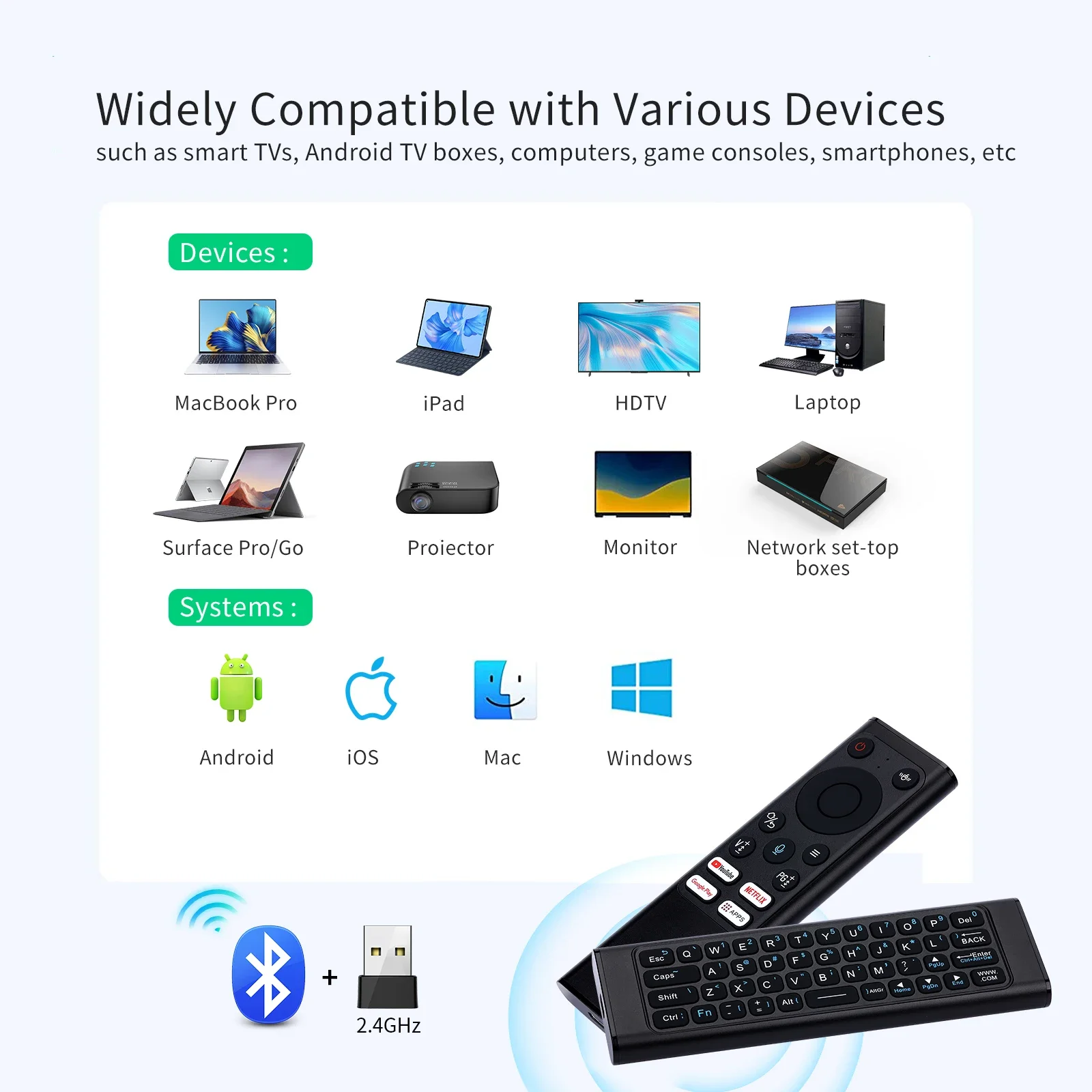 IPazzPort evrensel TV uzaktan Mini klavye kablosuz Combo ses hava fare ile, IR öğrenme denetleyicisi için Android TV kutusu, HTPC