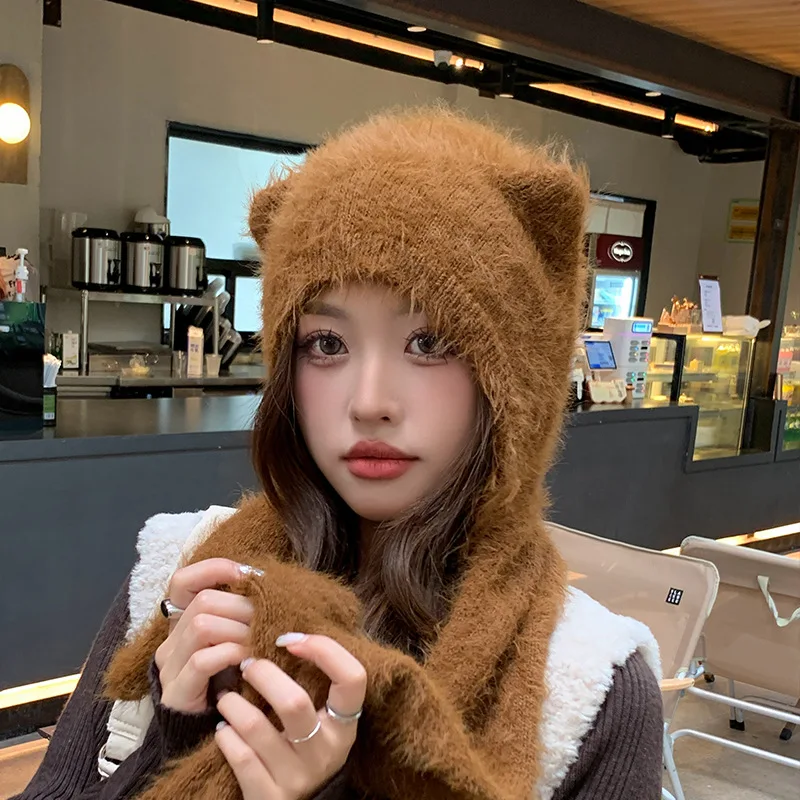 Women Winter Hat With Scarf Cute Bear-ears Beanies Winter Knit Warm Solid Skullies Caps Army Green Fluffy Bonnet Female