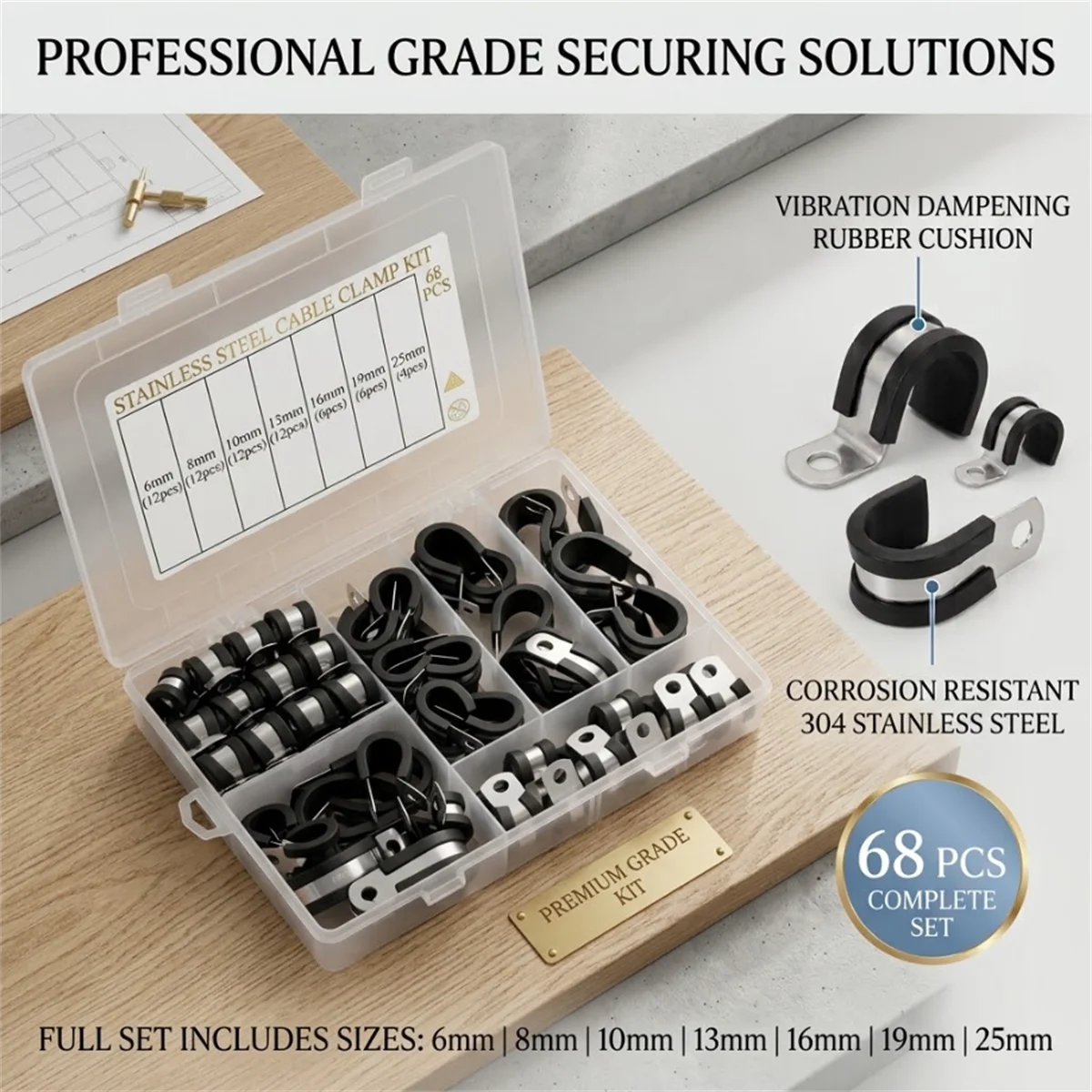 68Pcs Rubber Cushioned Cable Clamp Kit 304 Stainless Steel R Type Pipe Tube Wire Cord Clip for Automotive Marine Hose Management
