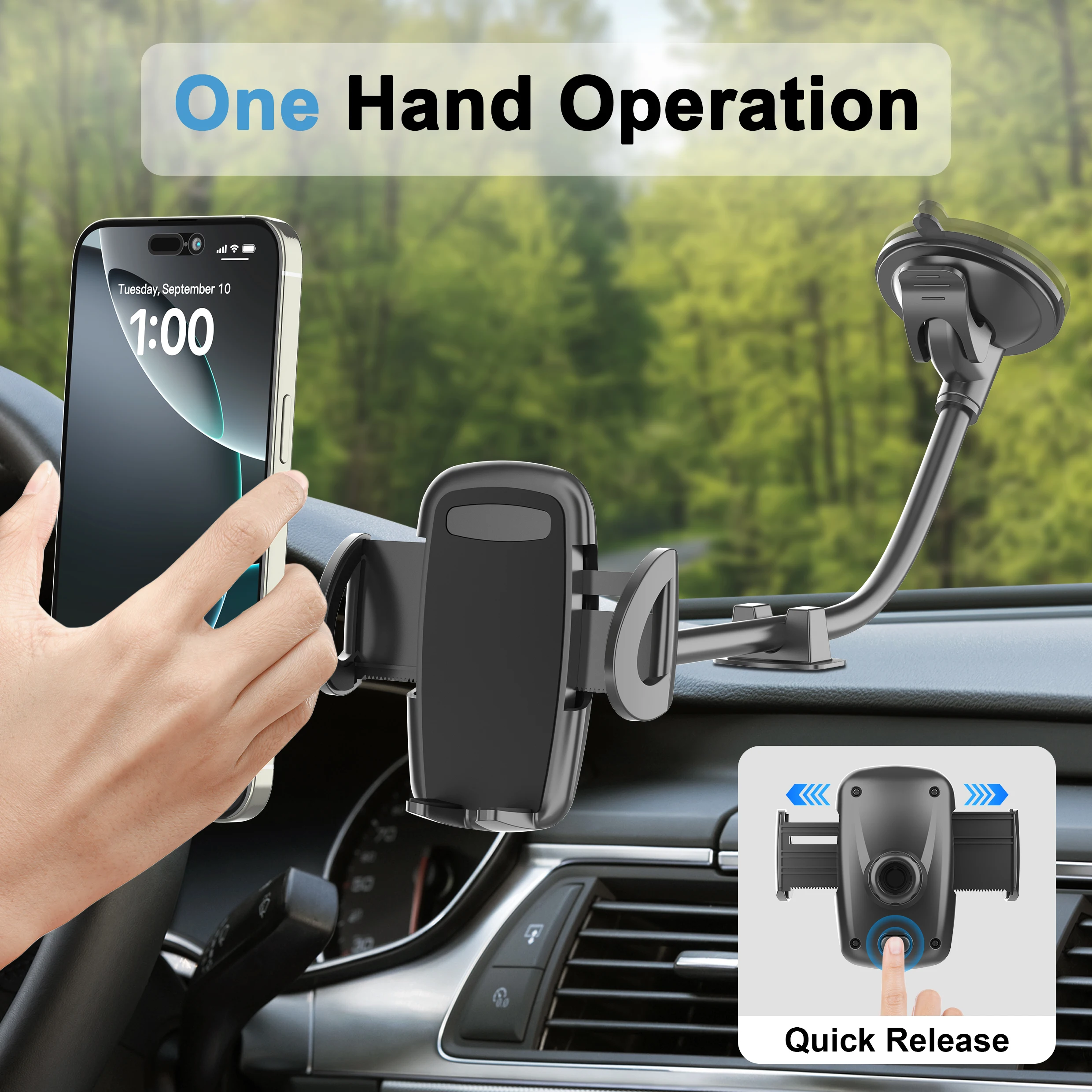 Solid Car Truck Phone Mount Holder with 11.8-Inch Gooseneck Long Arm Anti-Shake Stabilizer Compatible All Cell Phones IPhone