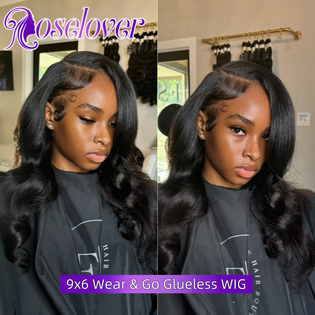 ROSELOVER 34Inch 9x6 Invisible Real HD Lace Closure Wig Glueless Wear to Go Body Wave Virgin Hair 250% Density for Black Woman