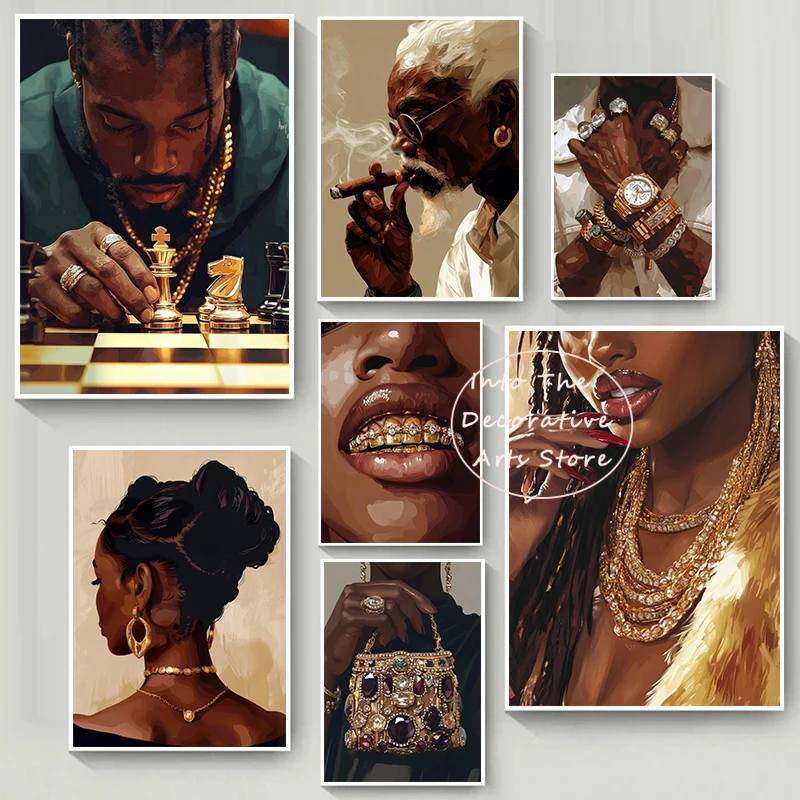 Modern Fashion Black Woman Poster Rich and Beautiful Girl Luxury Jewelry Canvas Painting Wall Art for Living Room Home Decor