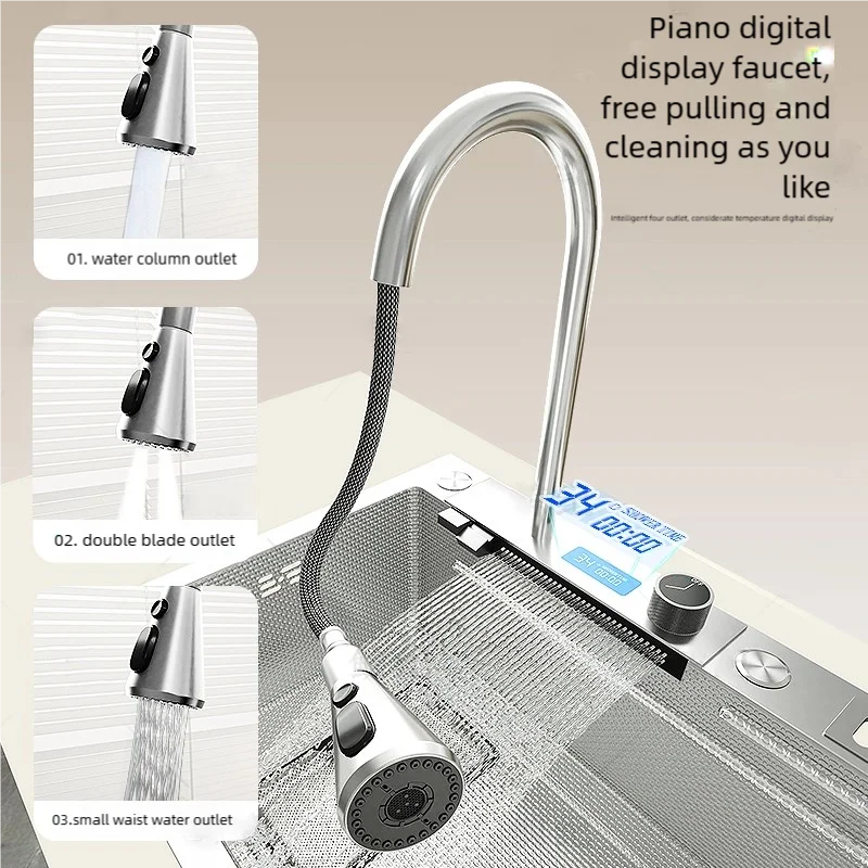 Intelligent Digital Display Waterfall Large Single Slot Stainless Steel Kitchen Sink Multifunctional Wash Dish Vegetables Basin