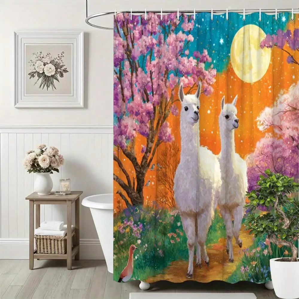 Waterproof Bohemian Llama Alpaca Shower Curtain Pink Cherry Blossom Mural Art Spring Bathroom Decor Home Accessory