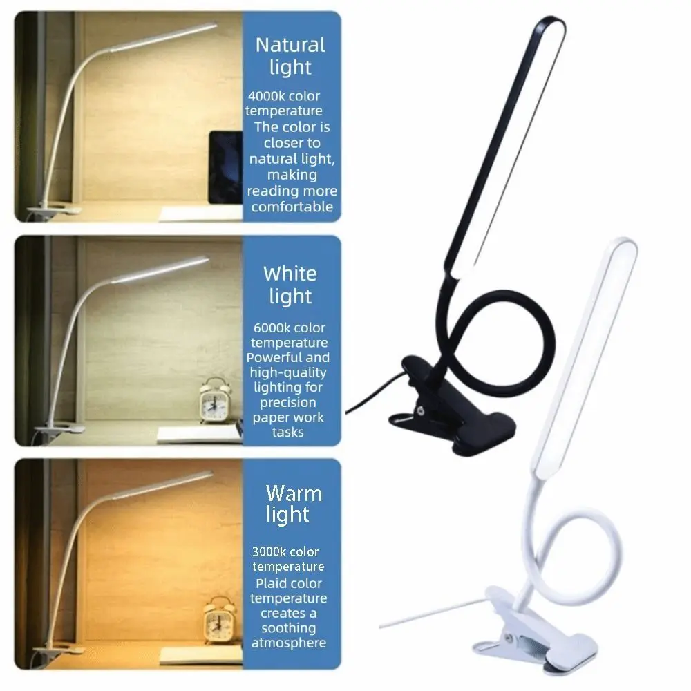 

Adjustable LED Desk Clip On Lamp 3 Colors Light 360° Rotate Reading Light with Clamp Dimmable Brightness Eye Protection