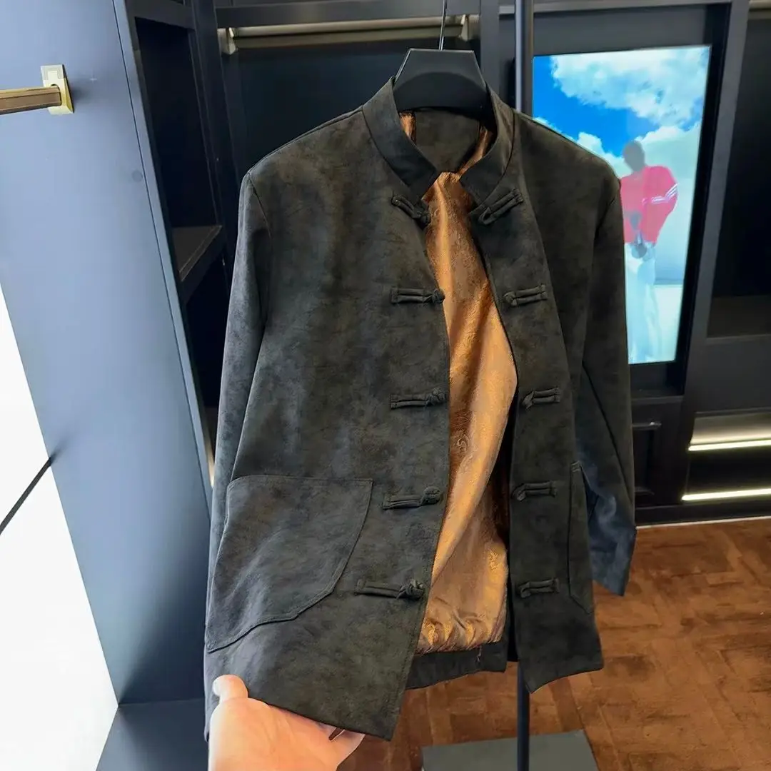 

Модный мужской костюм с воротником-стойкой, новый китайский костюм Sle Tang на пуговицах в стиле ретро, Гонконг, верхняя одежда из полиэфирного волокна