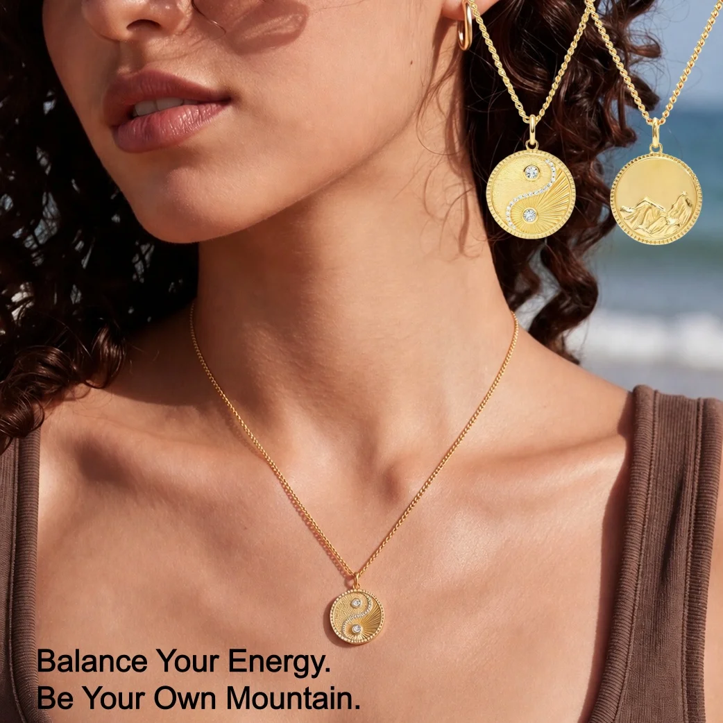 Chamica Yin Yang Necklace for Women Gold Silver Color Mountain Pendant Necklace CZ Round Coin Charm Spiritual Balance Jewelry