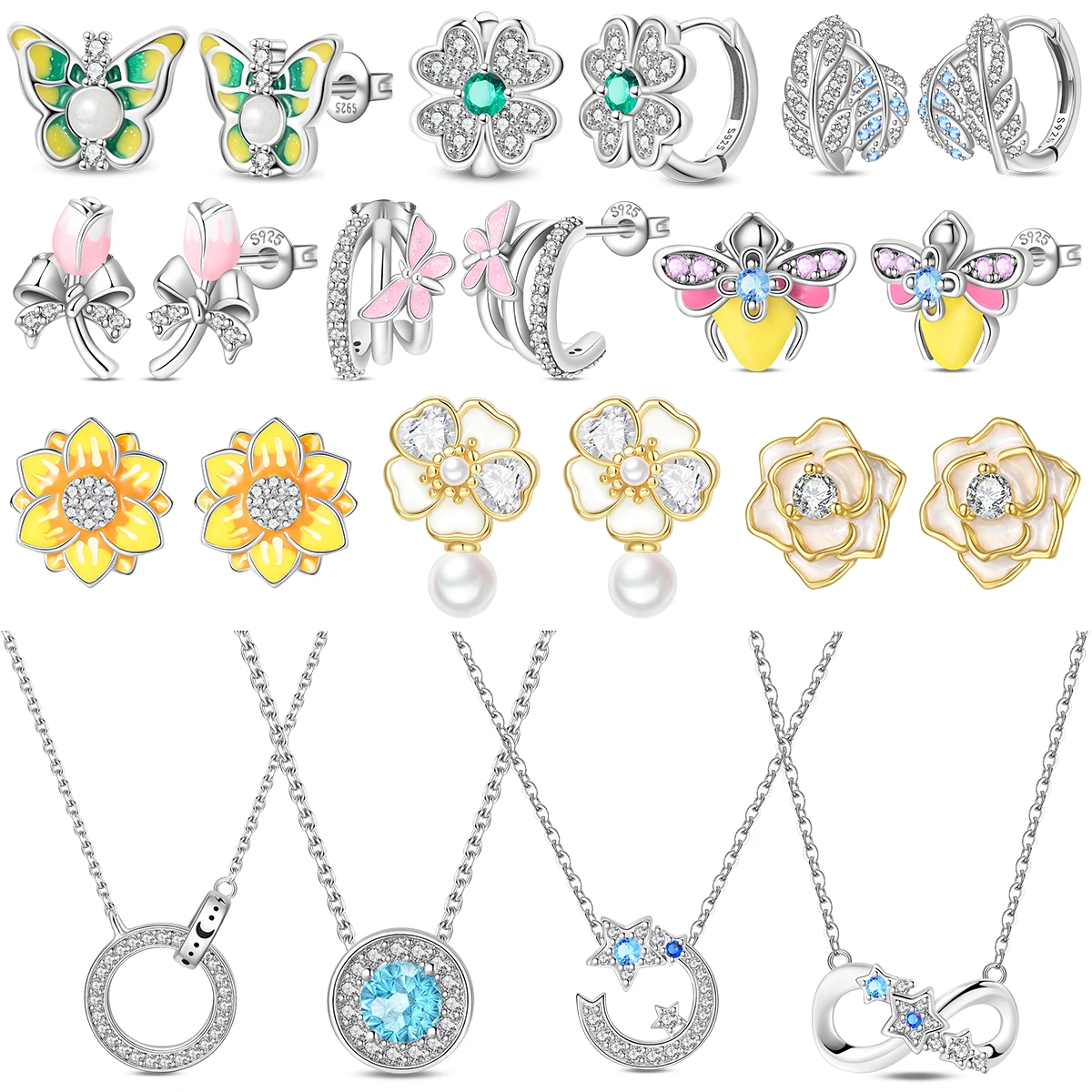 

925 Silver Butterfly Four-leaf Clover Dragonfly Gem Tulip Floral Enamel Stud Earrings Infinity Circle Pavé Pendant Jewelry Set