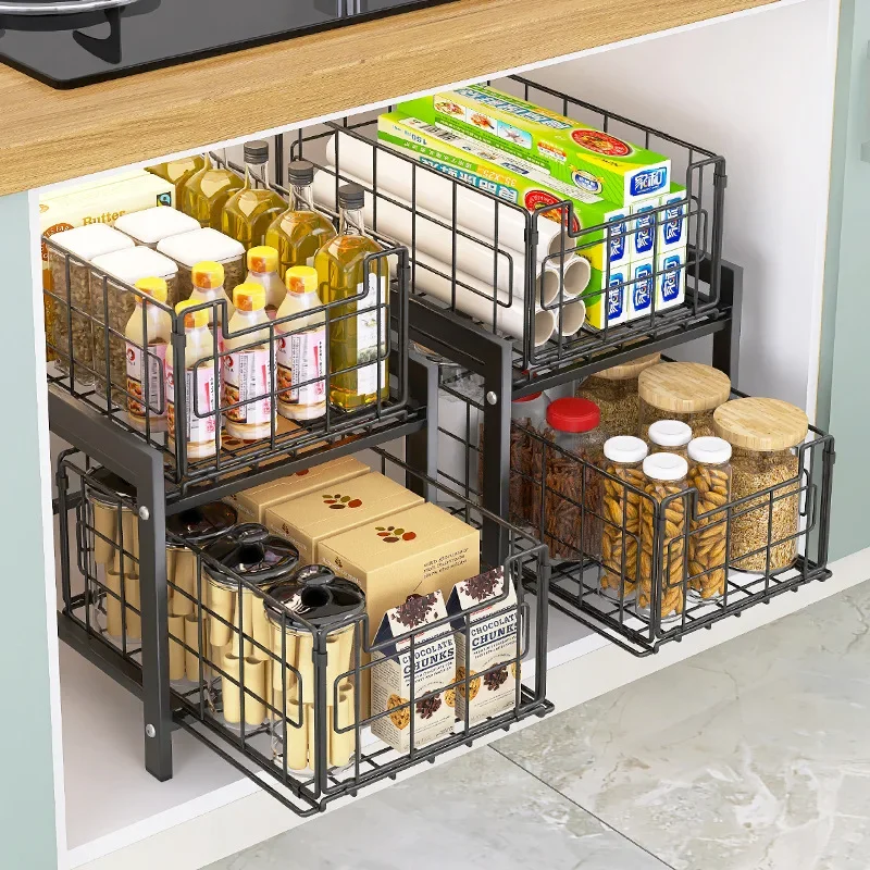 2 Tier Under Sink Organizer Sliding Cabinet Basket Pull Out Cabinet Organizer Kitchen Storage Rack Spice Rack Cutlery Rack
