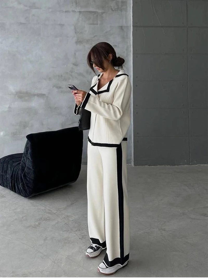 Elegant Knitted Blazer Set Women Black White Tracksuit Women Two Piece Set Casual Winter Knitted Two Piece Set For Women 2024