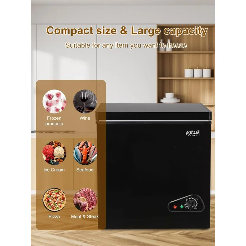 Chest Freezer KRIB BLING 5.0 cu.ft Adjustable Thermostat Compact Deep Freezer Top By Low Noise with Removable Basket Blac