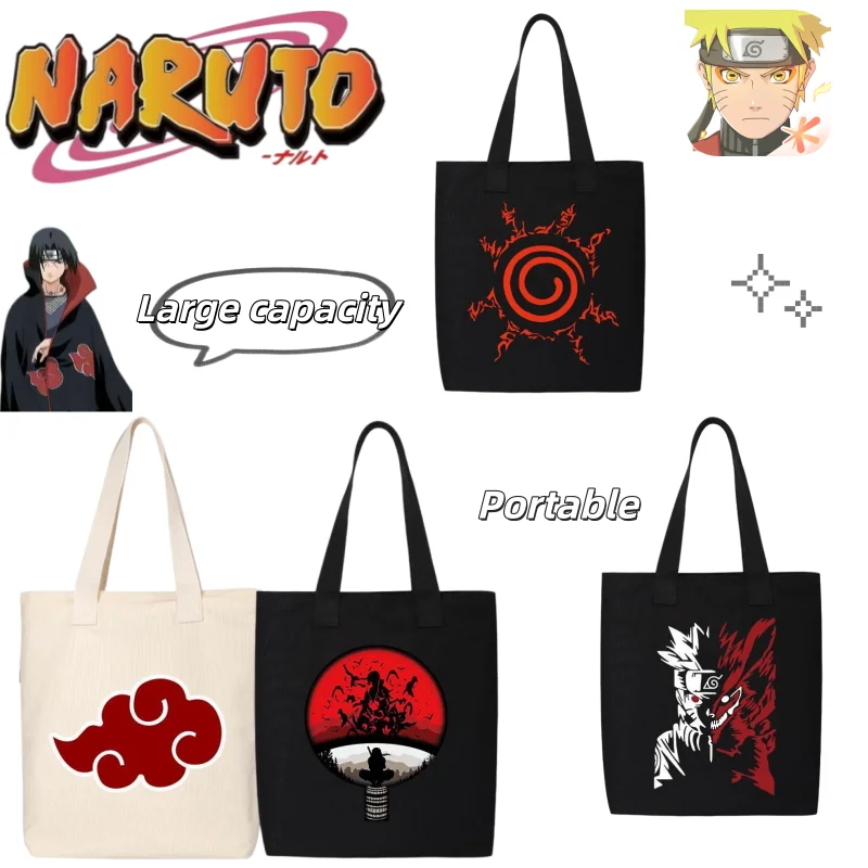 Bolso de lona Naruto Uchiha Sasuke y Hatake Kakashi, diseño de dibujos animados, gran capacidad, bolso de hombro para estudiantes, sencillo y portátil