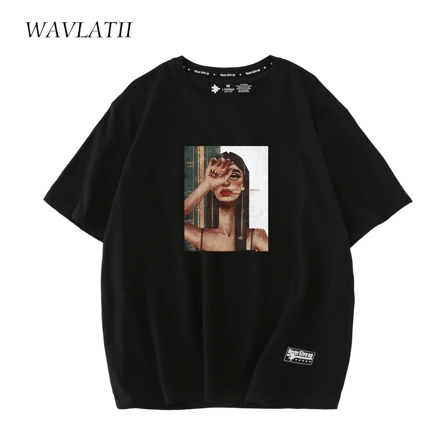 WAVLATII New 2022 Women Gothic Style T Shirts Female Abstract Printed Streetwear 100% Cotton Black Summer Tees Tops WT2208