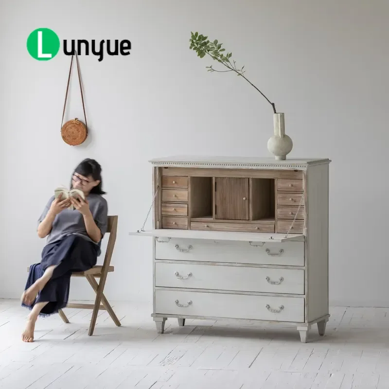 Antique Style Recycled Pine Secretary Desk with Drawers Broken White Finish Multifunctional Storage Cabinet for Bedroom Home