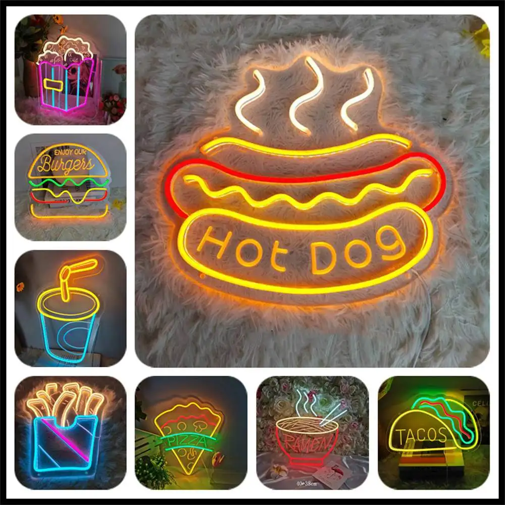 LED Neon Sign Hot Dog Pizza Ice Cream Restaurant Shop Open Decorations Holiday Party Wedding Night Light Home Wall Bar Christmas