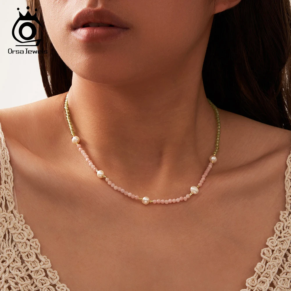 

ORSA JEWELS 925 Silver Natural Pearls & Peridot & Pink Opal Clavicle Chain Choker Necklace 14K Gold Plated Birthday Gift MPN10