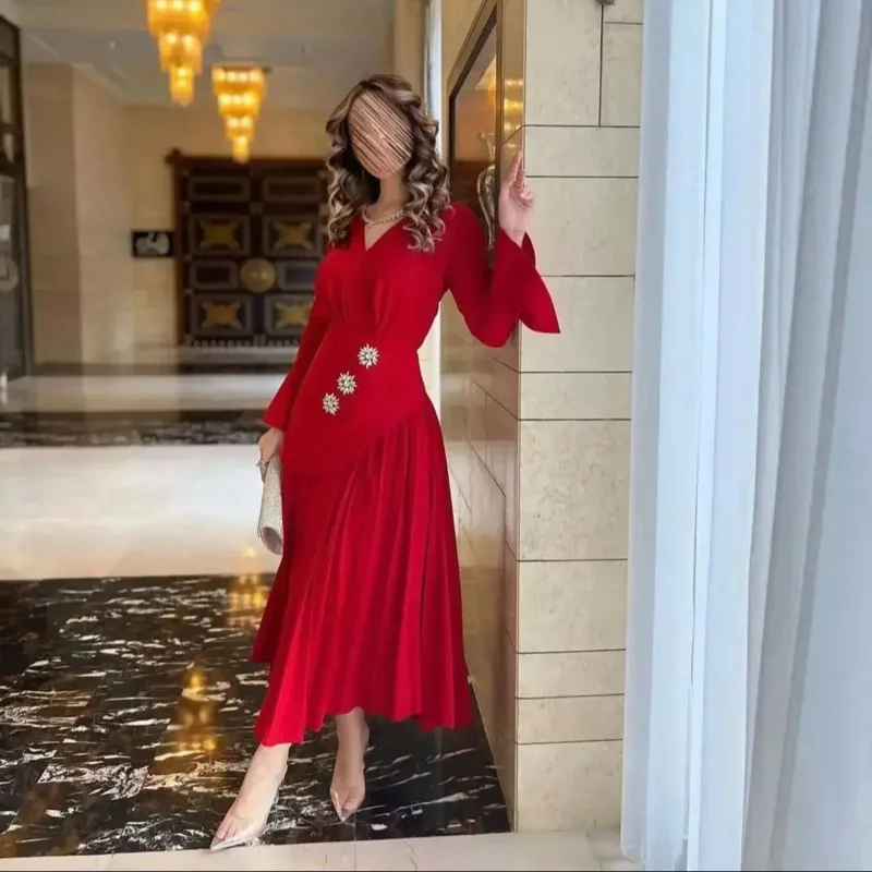 Indie Elegant Crystal Beaded Prom Dress Ankle Length V Neck Custom Evening Dresses Red Long Sleeve Special Occasion Gowns