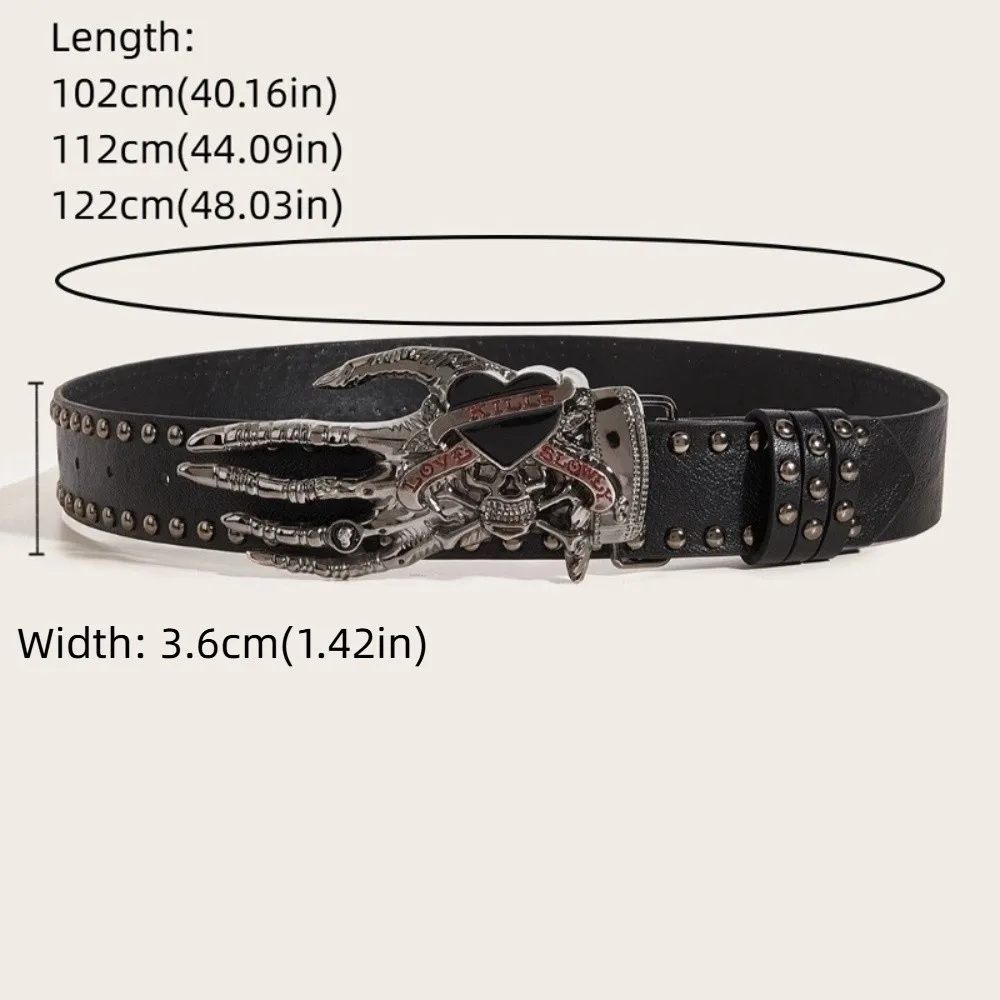 럭셔리 청바지 장식 해골 리벳 벨트 스켈레톤 Y2k 러브 핸드 팜 벨트 한국 스타일 바지 장식 PU 가죽 허리띠 데일리