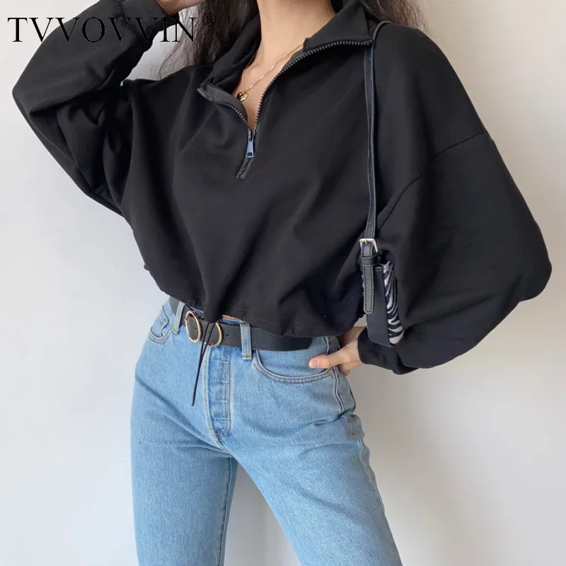 

TVVOVVIN Solid Color Stand Collar Long Sleeve Loose Zippers Women Tops Fashion Drawstring Tie Waist Casual Sweatshirt AP8Z