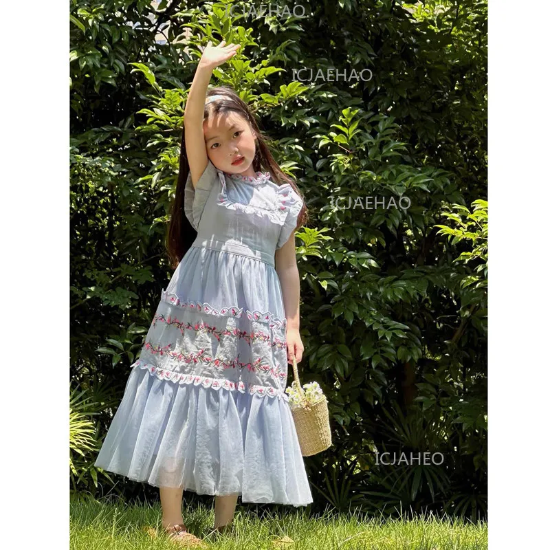 

Новое летнее платье для девочек 2026 года в придворном стиле с цветочной вышивкой, пышное платье принцессы, праздничный детский костюм, детская одежда