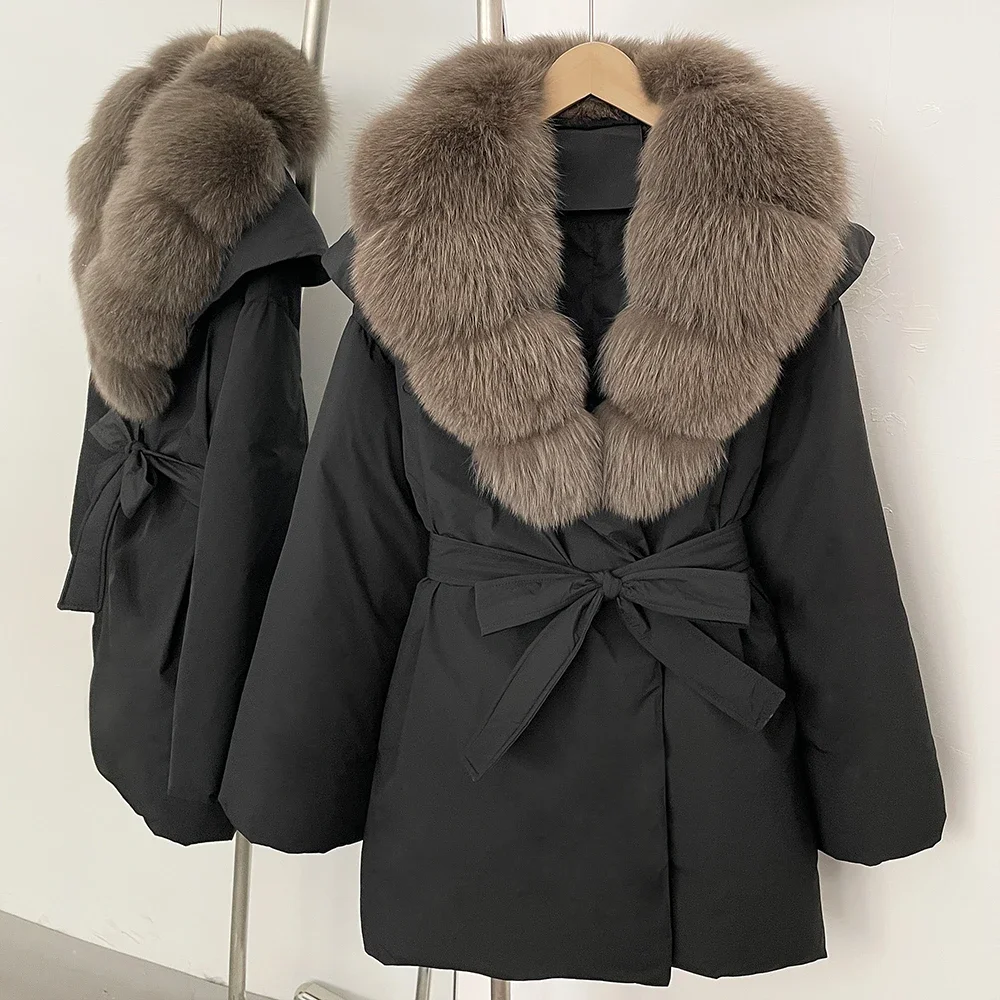 White Duck Down Coat 2025 Fashion Women Natural Real Fox Fur Collar Fluffy Puffer Jacket Warm Thickened New Winter Outerwear