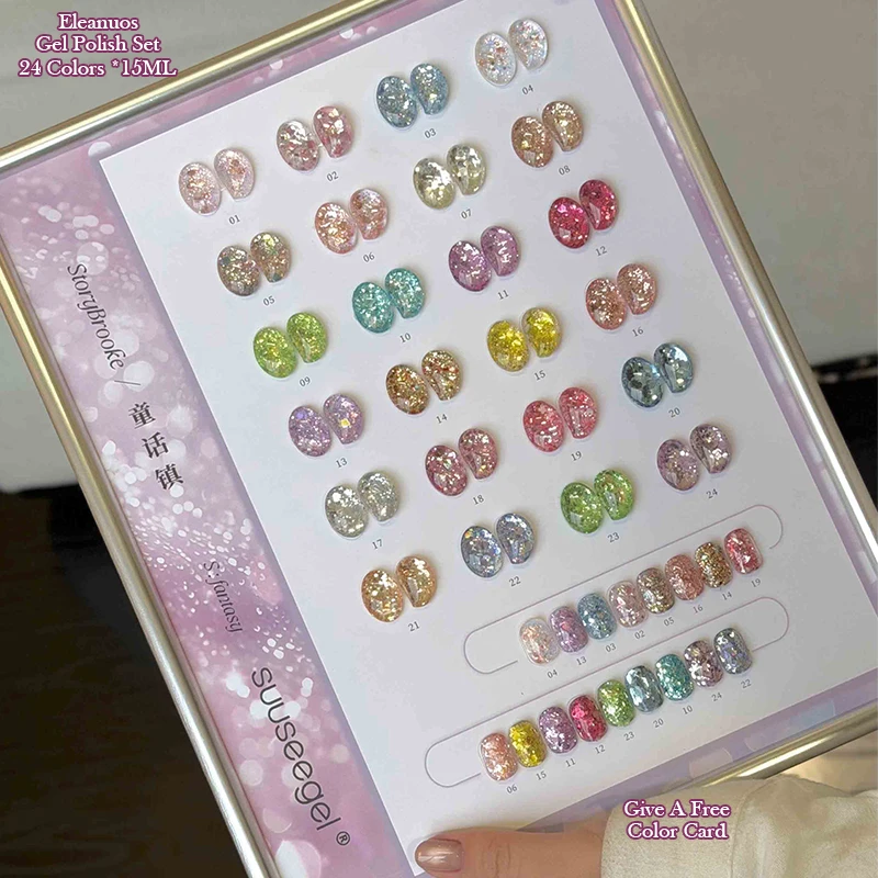 24 Colors Glitter Gel Nail Polish Set Shiny Sparkle Sequins High Shine Long Lasting Soak Off UV LED Gel for Nail Art Decoration