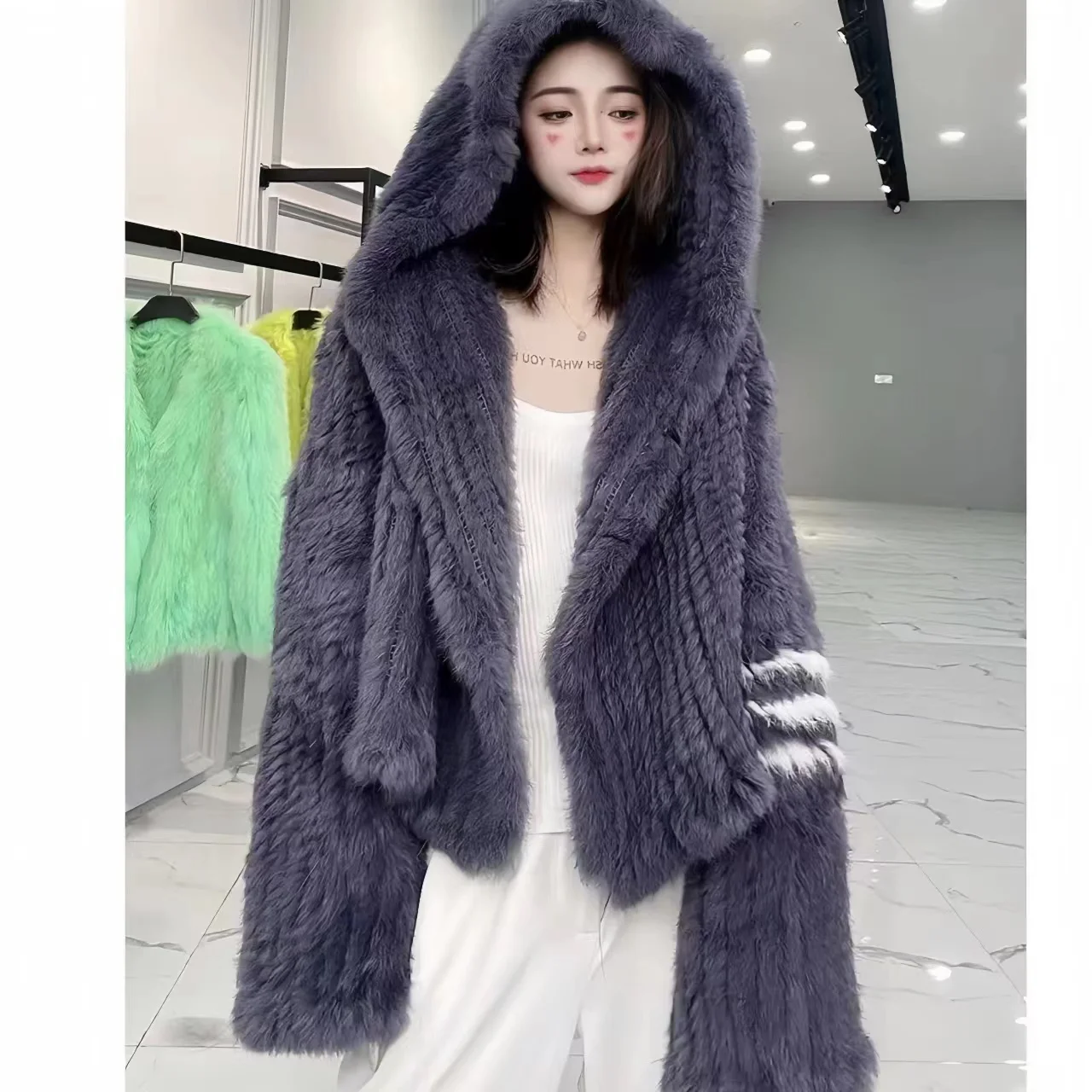 Real Rex Rabbit Fur Coat Women，Hooded Thick Warm Loose Jacket，Open Stitch High Quality Overcoat Female Clothing，Winter， New