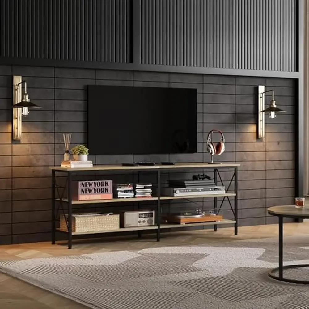 

TV Stand 63" Entertainment Center 3-Tier Storage Shelves Living Room Bedroom Industrial Style Console 50-70 Inch TV Greige