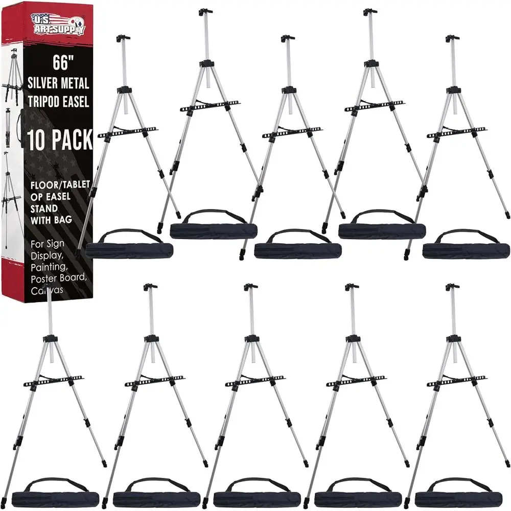 

10-Pack Silver Metal Tripod Easels - Adjustable 18 to 5.5', Holds 36 Canvas, Ideal for Signage, Artwork, and More - Portable Sta