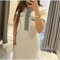 Elegant Contrasting Women Knit Maxi Dress Chic O-neck Short Sleeve Metal Buttons Bodycon Dresses Office Lady Commuting Robe - Image 6