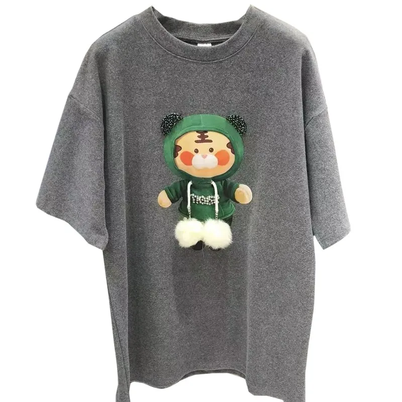 

Light Luxury Summer Fashion Women T Shirt Cartoon Kawaii Tiger Harajuku Diamonds Grey Tees Hairball High Quality Tops Female