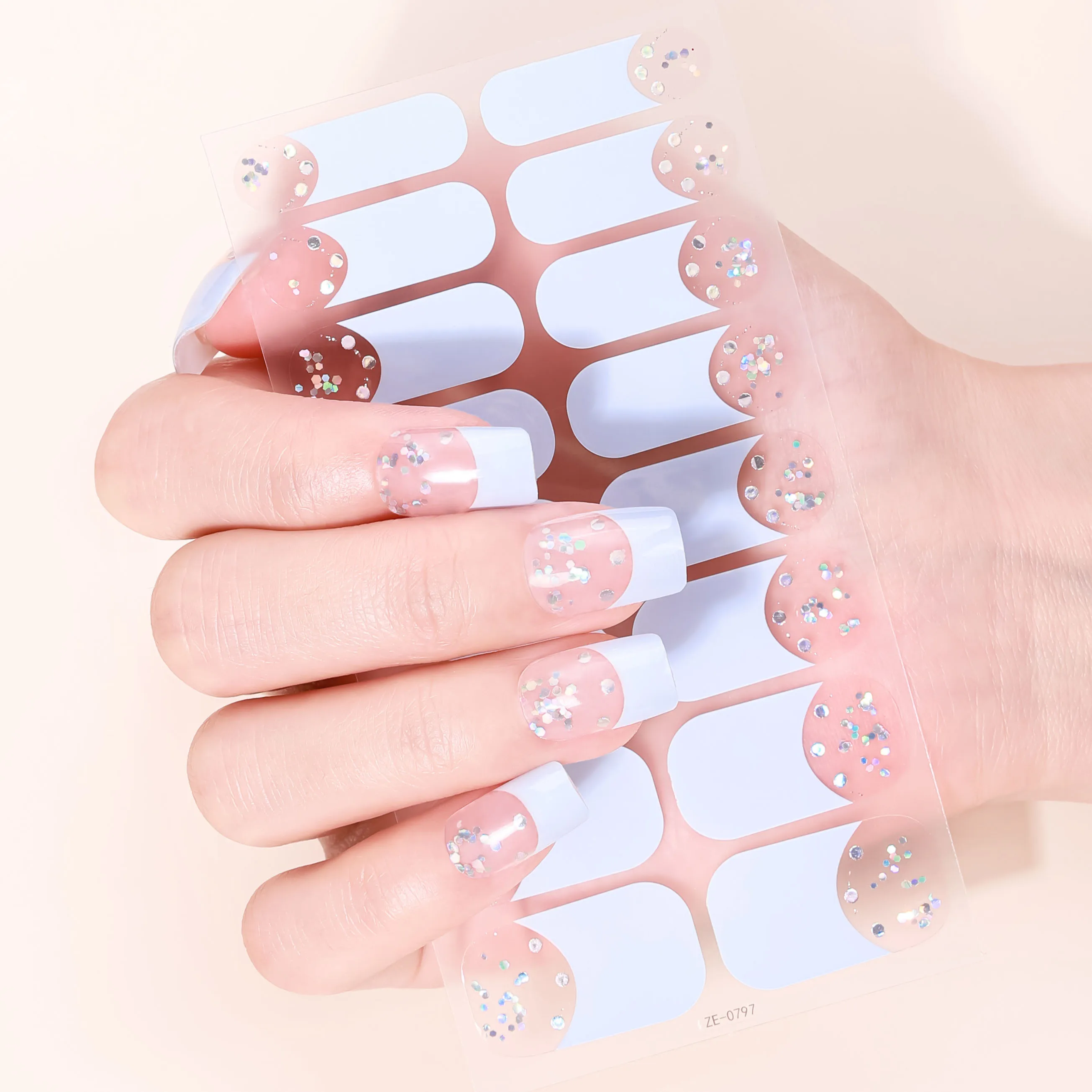

16Tips French Full Cover Nail Stickers Glitter Sequin Flowers Nail Polish Strips Sparkling Self Adhesive Manicure Decoration