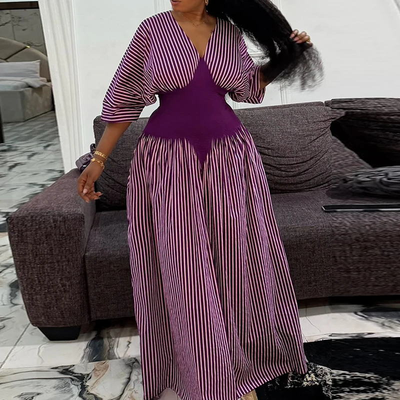 Women Casual Half Sleeve Pocket A-Line Dress Elegant Draped Big Hem Maxi Dress Sexy V-neck Striped Printed Patchwork Long Dress