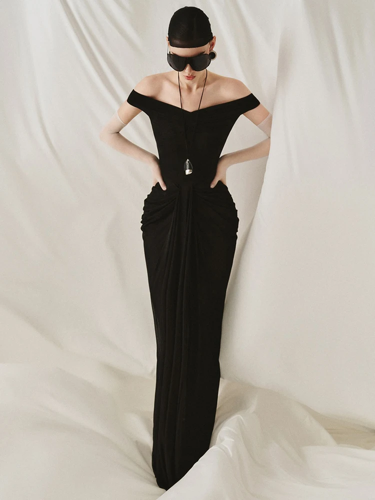 Off Shoulder Black Mermaid Evening Dress For Women Elegant V Neck Ruched Long Formal Gown Wedding Party Prom Maxi Dress