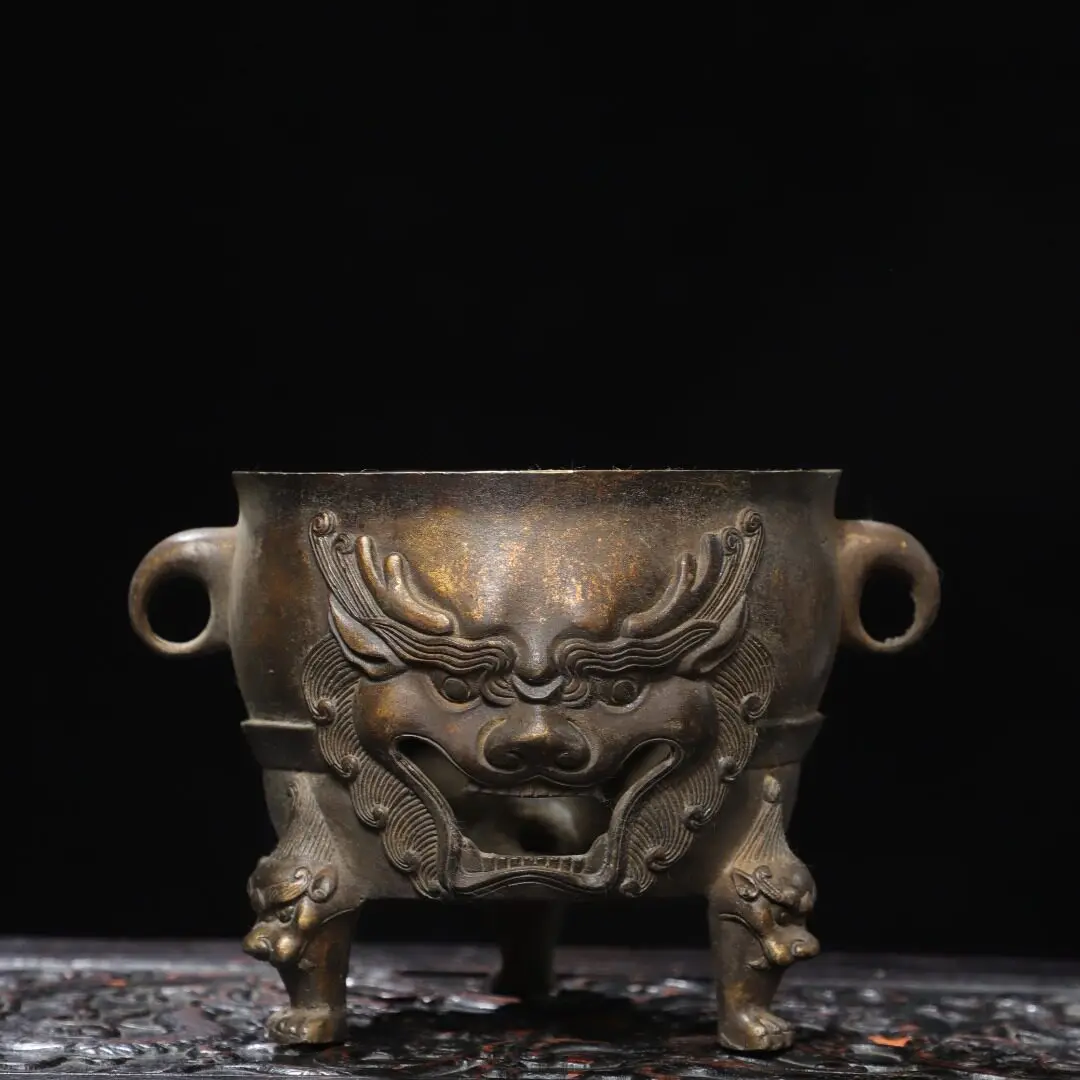 Pure Copper Beast Face Charcoal Stove Chinese Three-Leg Tea Boiler Kung Fu Teaware Handmade Home Heating Pot Collectible