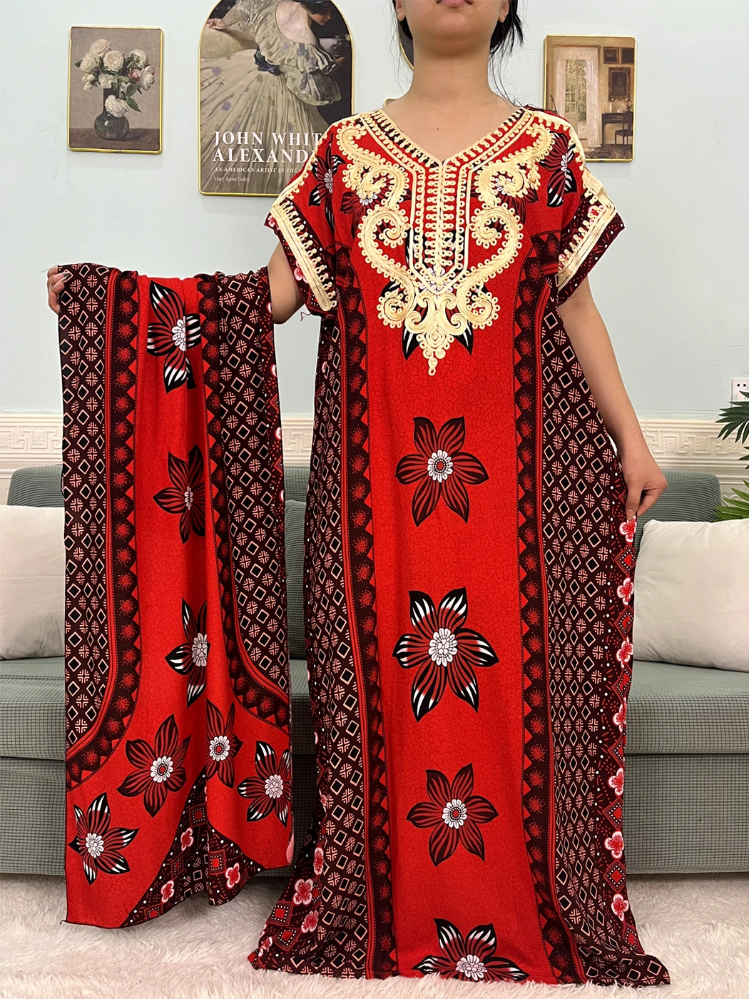 Muslim Loose Abayas For Women 2024 Printed Cotton Appliques Boubou Moroccan Caftan Femme Robe African Islam Dresses With Turban