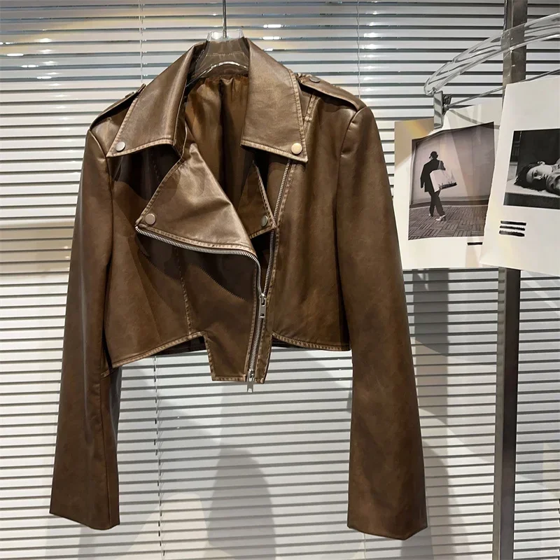 Nueva chaqueta de piel sintética corta ajustada Vintage para mujer, chaqueta de motociclista de manga larga con solapa negra y marrón oscuro, ropa de calle