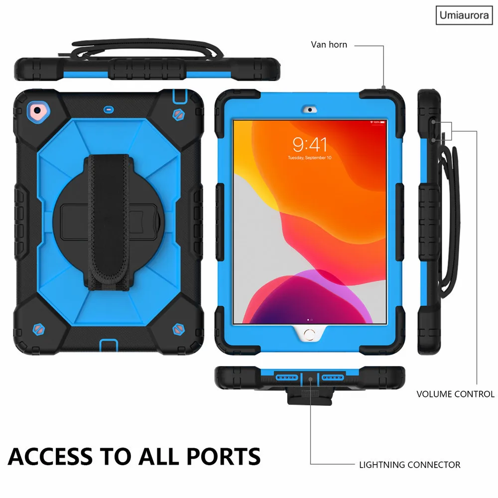 For IPad 10.2 7th 8th 9th 10th Gen 10.9 inch 5th 6th 9.7 2018 Mini5 Stand Shockproof Armor Cover Rotation Hand Strap Tablet Case