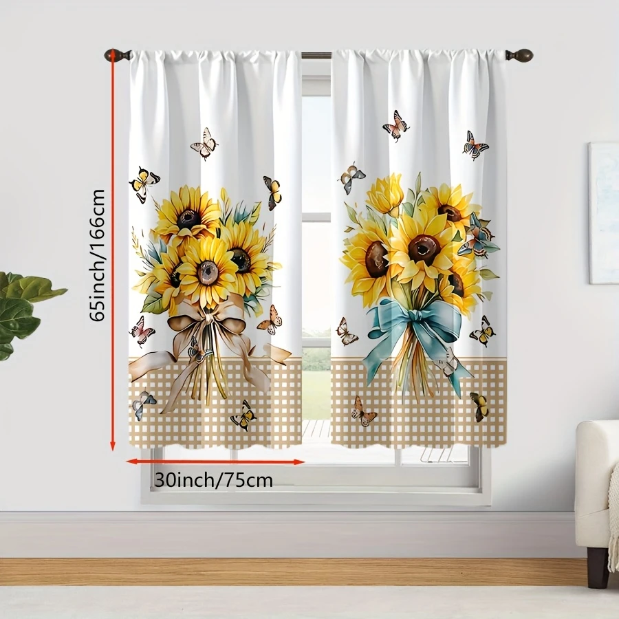 2PCS Digital Print  Curtain, Sunflower Bouquet, Bohemian Style  Curtain Panel for Home Living Room Bedroom Decor