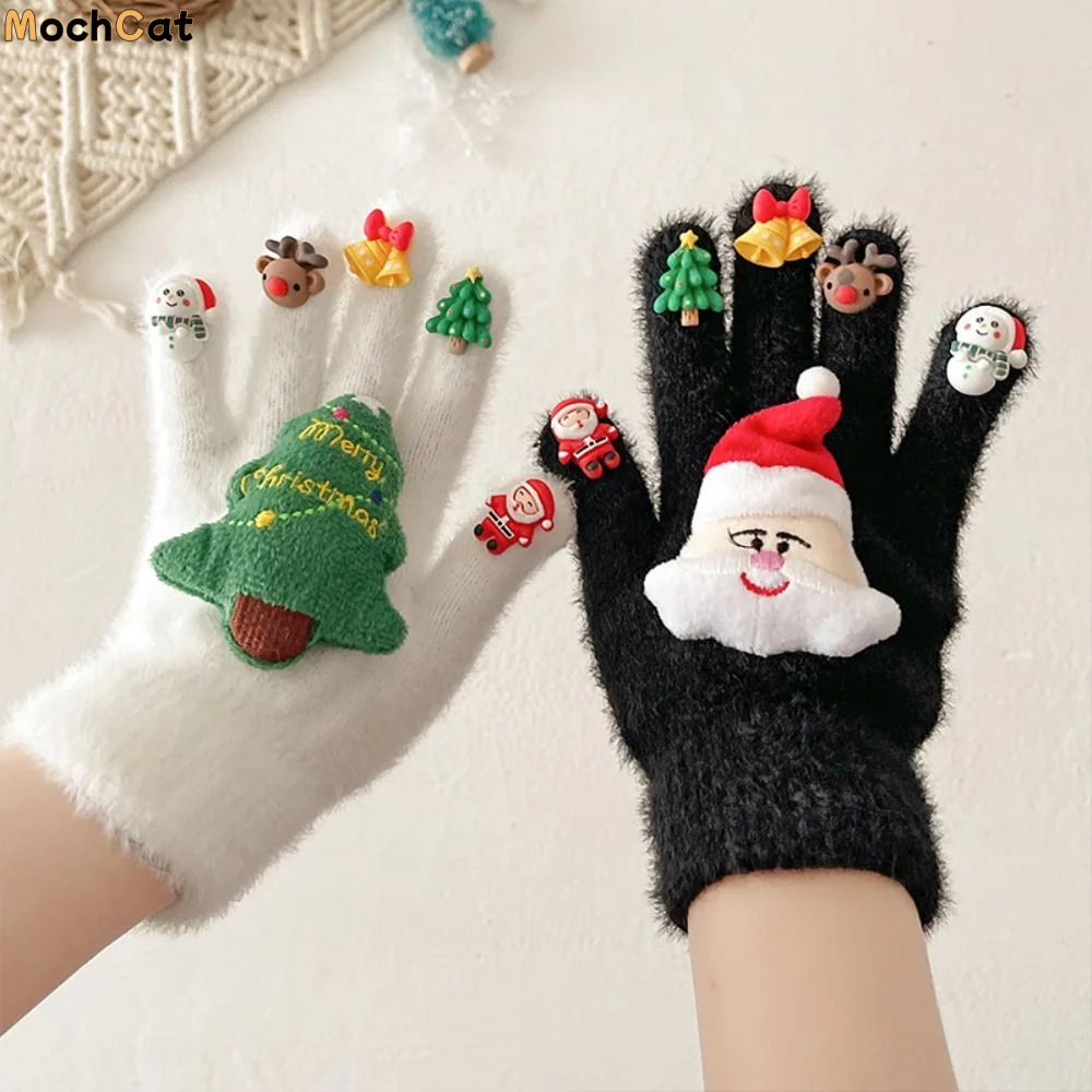

Handwear Cartoon Christmas Gloves Thicken Knitted Xmas Winter Gloves Funny Snowman Pattern Five Finger Gloves Student Wear