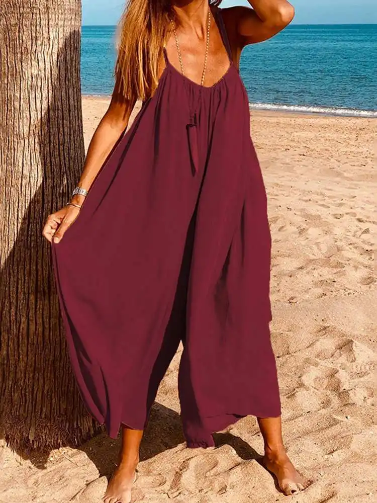 Mode Lange Playsuits Vonda 2024 Vrouwen Sexy Mouwloze Jumpsuits Zomer Losse Stevige V-Hals Overall Wijde Pijpen Broek Oversized