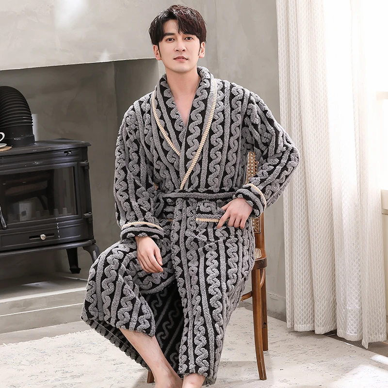 Mężczyźni bielizna nocna szata zimowa flanelowa zagęścić frotte szata mężczyzna z długim rękawem Kimono ciepły szlafrok odzież domowa Peignoir