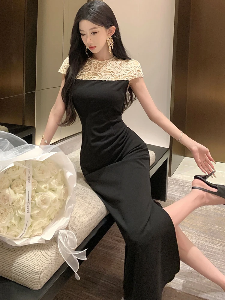 2025 preto retalhos branco jacquard lantejoulas vestido longo feminino coreano vintage vestido de uma peça verão elegante bodycon vestido de noite