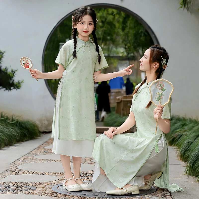 2026 Summer 4 6 8 10 12 14Years Daughter Mom Cheongsam Kids Girls Women Family Matching Outfits Chinese Traditional Qipao Dress