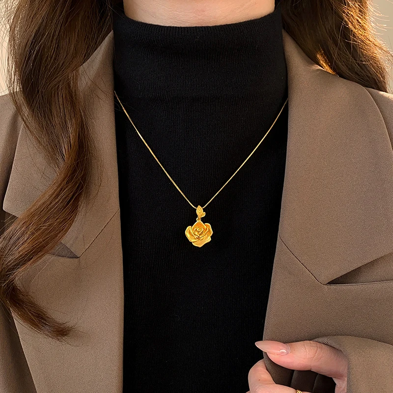 Licht Luxus Matt Gold Farbe Rose Blume Anhänger Halskette Für 2024 frauen Sexy Schlüsselbein Kette Mode Zubehör Schmuck – Detail 8