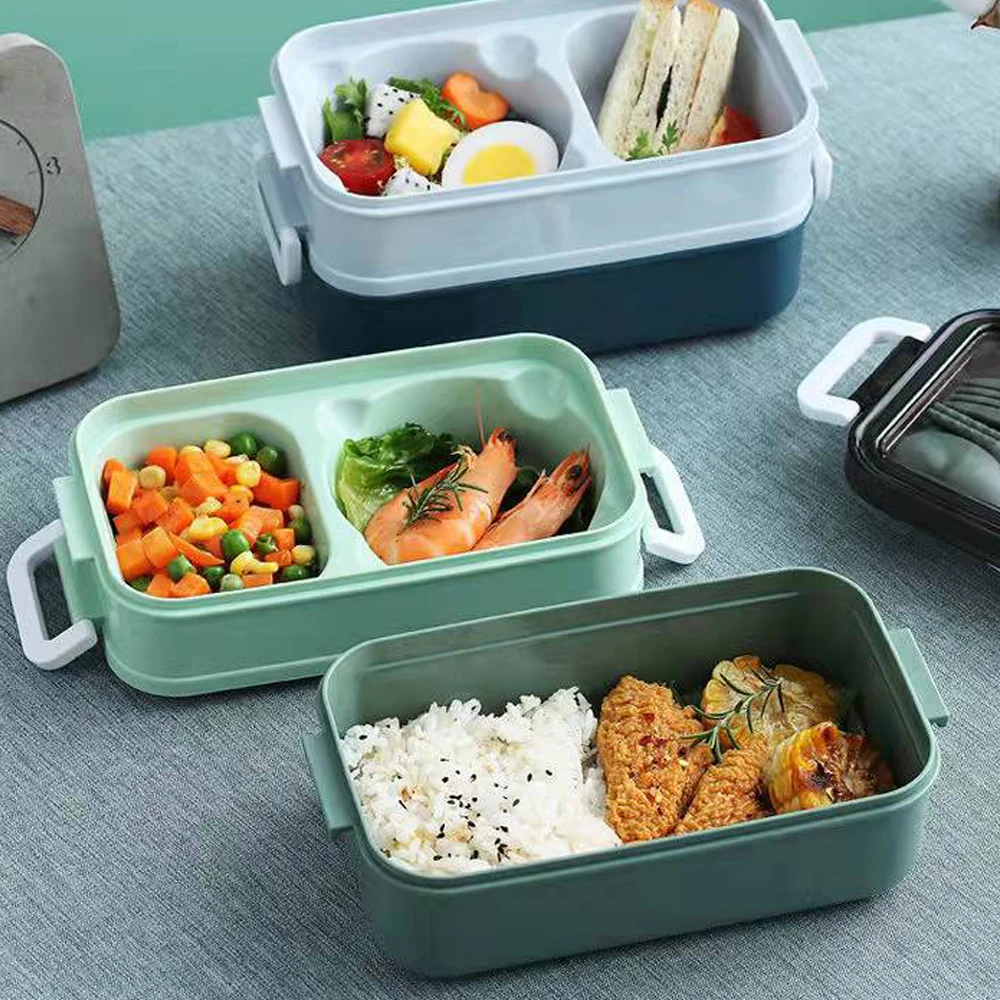 1pc 1400ml Double-layer Lunch Box Portable Compartment Food Box Microwave Lunch Box With Fork Chopsticks And Spoon Picnic Fresh