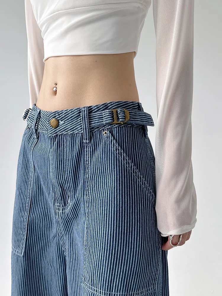 American Sle Workwear Retro rayas pierna recta Denim Jeans mujer otoño nueva calle Multi ket Patchwork pantalones sueltos