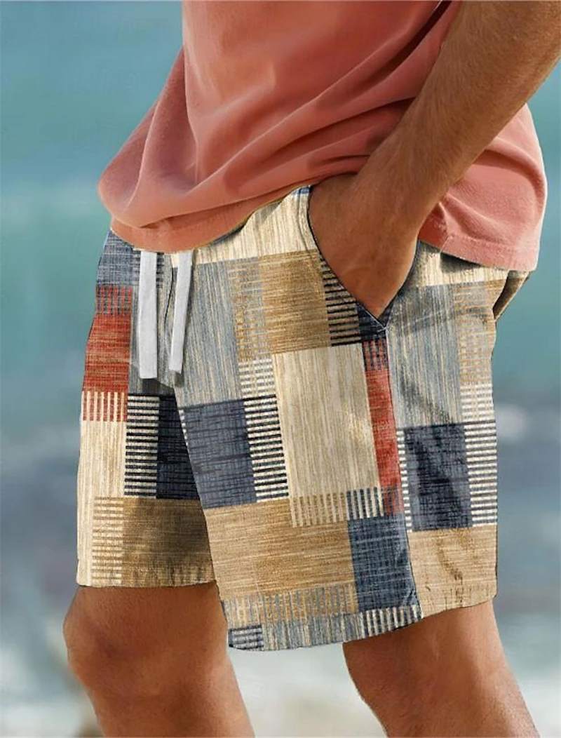 Men's Classic 3D Print Plaid Color Block Running Shorts Geometry Graphic Hawaiian Board Shorts Swim Trunks Holiday Beach Pants